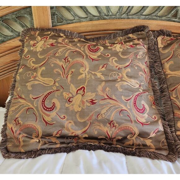 PILLOW SHAMS/COVERS-SHAVEL-Square-Rich Colors-Gold Red-Fringe Edge-26"x26" - Picture 4 of 14